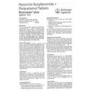 ヒヨスチン / ブチルブロミド / アセトアミノフェン配合, Buscopan Plus, 10MG / 500MG 錠 (Boehringer Ingelheim) 情報シート1