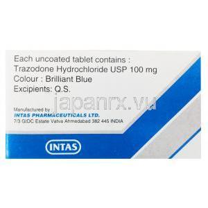 トラゾニル, トラゾドン 100mg, 錠剤, 箱裏面, 製造元：Intas