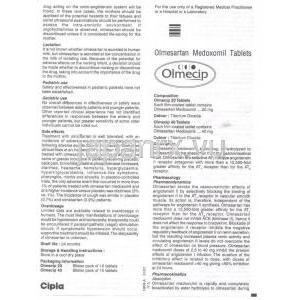 オルメサルタンメドキソミル (オルメテックジェネリック), Olmecip, 20mg 錠 (Cipla) 情報シート1