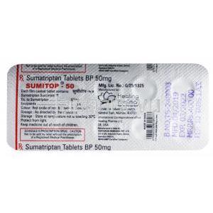 スミトップ, スマトリプタン, 錠剤, 製造元： Healing Pharma, シート裏面情報