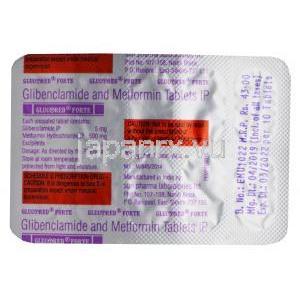 グルコレッド フォルテ, グリベンクラミド/ メトホルミン, 5mg, 500mg, 錠剤, シート裏面