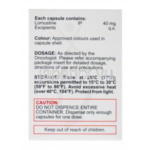 ロモーザー, ロムスチン カプセル IP 40mg, 6カプセル, 製造元: Therdose Pharma, 箱側面, 商品詳細情報, 用量, 保管方法, 注意事項