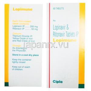 ロピミューン, リトナビル 50mg　/ ロピナビル 200mg, 製造元：Cipla, 60錠, 箱裏面情報