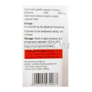 リバシュア, リバビリン 200mg, 140カプセル, 製造元：Aprazer Healthcare, 箱側面, 商品情報, 含有量, 保存方法, 注意事項