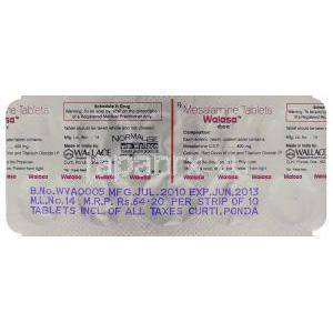 ワラサ Walasa, アサコールジェネリック, メサラジン  400mg 錠 (Wallace) 包装裏面