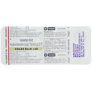 バルサルタン・ヒドロクロロチアジド配合, バルザーＨ Valzaar-H  160/12.5mg 錠 (Torrent) 包装裏面