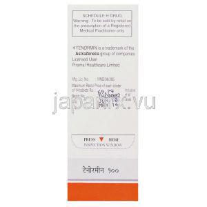 アテノロール（テノーミンジェネリック）,  Tenormin 100mg  錠 (Primal Healthcare) 箱 製造者情報