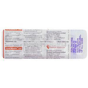 アテノロール（テノーミンジェネリック）,  Tenormin 100mg  錠 (Primal Healthcare) 包装裏面