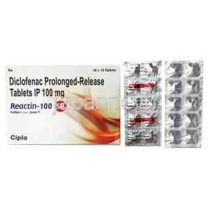 リアクチン, ジクロフェナクナトリウム 100mg 徐放錠　箱、錠剤