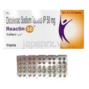 リアクチン, ジクロフェナクナトリウム 50mg 箱、錠剤