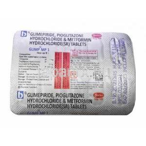 グリンプ  MP, グリメピリド 1 mg/ メトホルミン 500 mg/ ピオグリタゾン 15 mg 錠剤裏面
