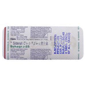 スハグラ （バイアグラジェネリック） シルデナフィル 25mg 錠 (Cipla) 包装裏面