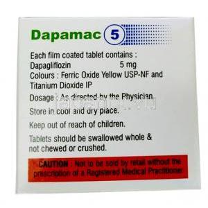 ダパマック 5, ダパグリフロジン5mg, 製造元：Macleods Pharmaceuticals Pvt Ltd, 箱情報, 含有量,注意事項, 保存方法