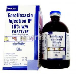 フォーティビル 動物用注射 , エンロフロキサシン 100mg/ml/ ベンジルアルコール 20mg/ml, 100ml,　10% w/v, 製造元：Virbac,  箱, ボトル情報