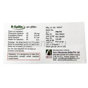 R-Epilin Injection, Phenytoin 50mg/ml, Arco lifesciences (india) pvt. ltd, Box presentation back presentation