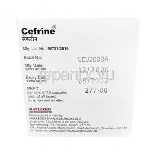 セフリン,セフジニル 300mg, カプセル,製造元： Macleods Pharmaceuticals Ltd, 箱情報, 製造日, 消費期限, 製造元情報