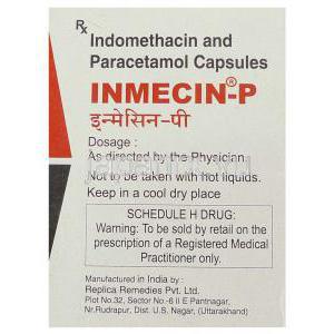 インドメタシン / アセトアミンフェン, Inmecin-P,  25MG/ 325MG カプセル (E.M. Pharma) 製造者情報