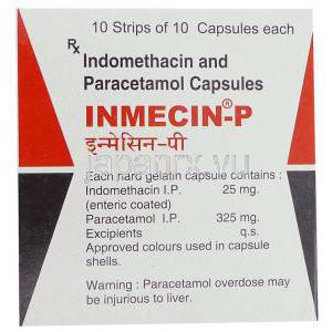 インドメタシン / アセトアミンフェン, Inmecin-P,  25MG/ 325MG カプセル (E.M. Pharma) 成分