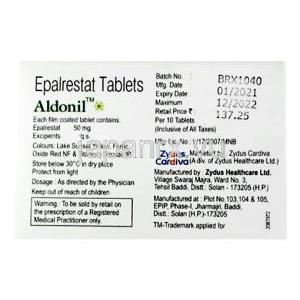 アルドニル,エパルレスタット50mg, 錠剤, 製造元：Zydus, 箱情報, 製造元情報, 成分, 製造番号, 製造日, 消費期限