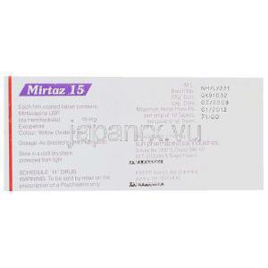 ミルタザピン（リフレックスジェネリック）, Mirtaz, 15 mg 箱　情報