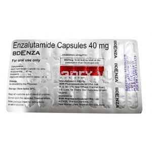 ビーデンザ, エンザルタミド  40mg,28カプセル, 製造元：Prakash Biopharma,シート情報