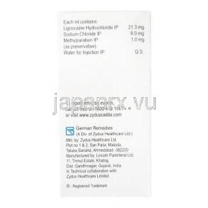 キシロカイン 注射, リドカイン 2%, 30ml, 製造元：Zydus Cadila,箱情報, 製造元情報, 成分