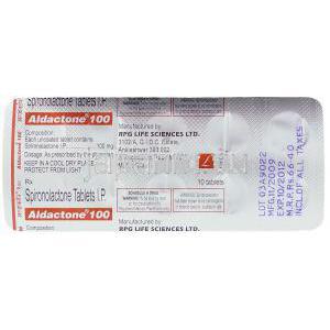 アルダクトン Aldactone, スピロノラクトン 25mg 錠 (RPG Life) 包装裏面