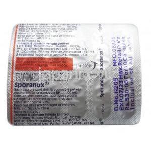スポラノックス, イトラコナゾール　100mg, かプセル,製造元： Johnson & Johnson, シート情報