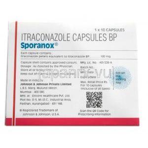 スポラノックス, イトラコナゾール　100mg, かプセル,製造元： Johnson & Johnson, 箱情報,　製造元情報