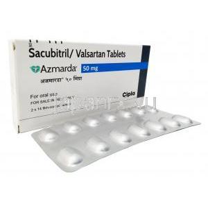 アズマルダ  50mg, サクビトリル 24mg/ バルサルタン 26mg, 製造元：Cipla,箱表面, シート