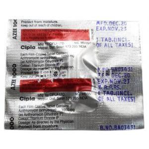 アジー, アジスロマイシン 1000mg, 製造元 Cipla, シート裏面情報
