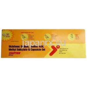 エスジピリン インスタジェル,ジクロフェナク 1 % w/w, 50g,製造元：Abbott, 箱情報, 使用方法