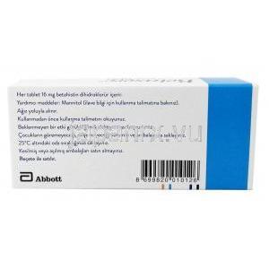 ベタサーク,ベタヒスチン 16mg,製造元： Abbott, 箱情報, 成分