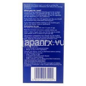 ニコチネル 薬用チューインガム,ニコチンポラクリリン 2mg, ミント味 96個入り , 製造元：GSK,箱情報, 使用方法, 注意事項