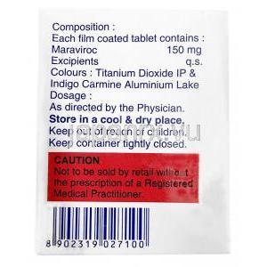 アセントリ, シーエルセントリ ジェネリック, マラビロク150mg, 60錠,製造元：Emcure Pharma, 箱情報, 成分, 保管方法, 注意事項