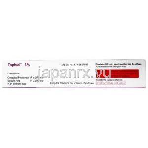トプサル軟膏,  クロベタゾール 0.05% w/w/ サリチル酸 3% w/w, 30g,  製造元：Systopic Laboratories Pvt Ltd, 箱情報, 成分, 保管方法