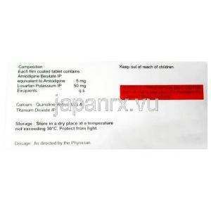 アムロカインド L, ロサルタン 50mg/ アムロジピン 5mg, 製造元：Mankind Pharma, 箱情報, 成分, 保管方法