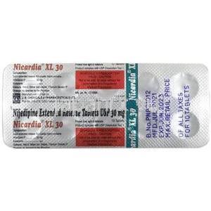 ニカルディア  XL, ニフェジピン 30mg, 製造元：JB Chemical, シート情報