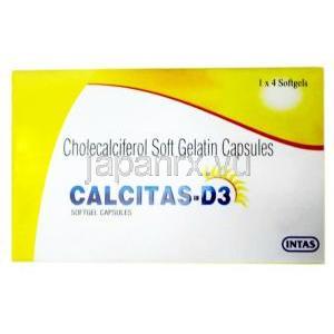 カルシタス D3, コレカルシフェロール 60,000 iu, カプセル, 製造元： Intas, 箱表面