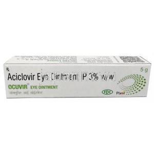 オクビル眼軟膏, アシクロビル3%, 眼軟膏5g, 製造元：FDC Ltd,箱表面
