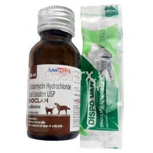 バイオクラン経口液 犬猫用,クリンダマイシン 25mg, 経口液 20ml, 製造元：Sava Vet, ボトル, シリンジ