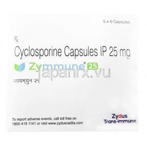 ザイミューン 25, シクロスポリン 25mg, 6カプセル,製造元：Zydus Cadila, 箱表面