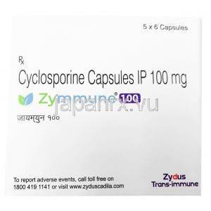 ザイミューン 100, シクロスポリン 100mg, 6カプセル,製造元：Zydus Cadila, 箱表面