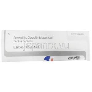 ラボクロックス LB ,アモキシシリン 250mg/クロキサシリン 250mg/ 乳酸菌 9000万個, 製造元：GPP, 箱上面