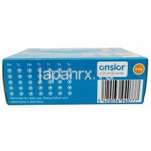 オンシオール 犬用, ロベナコキシブ 5mg,製造元： Elanco Australia Pty Ltd, 箱側面情報