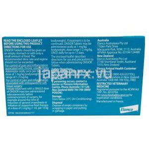 オンシオール 犬用, ロベナコキシブ 5mg,製造元： Elanco Australia Pty Ltd, 箱情報, 使用方法