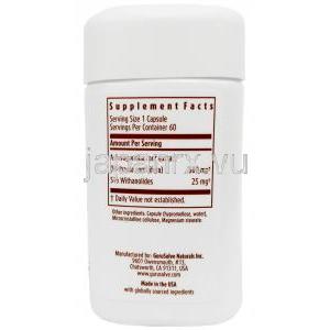 アシュワガンダ エキス, 500mg, 60カプセル,製造元：Gurusolve Naturals Inc., ボトル情報,成分