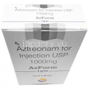 アズフォーム注射, アズトレオナム 1000mg (1g), バイアル, 製造元：Unifaith Biotech (P) Limited, 箱上面