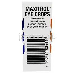 マクシトロール点眼薬,デキサメタゾン 0.1%/ ネオマイシン 3500 IU(3.5mg)/ ポリミキシンB 6000 IU,点眼薬 5ml,製造元：Novartis UK, 箱裏面