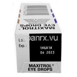マクシトロール点眼薬,デキサメタゾン 0.1%/ ネオマイシン 3500 IU(3.5mg)/ ポリミキシンB 6000 IU,点眼薬 5ml,製造元：Novartis UK, 箱上面